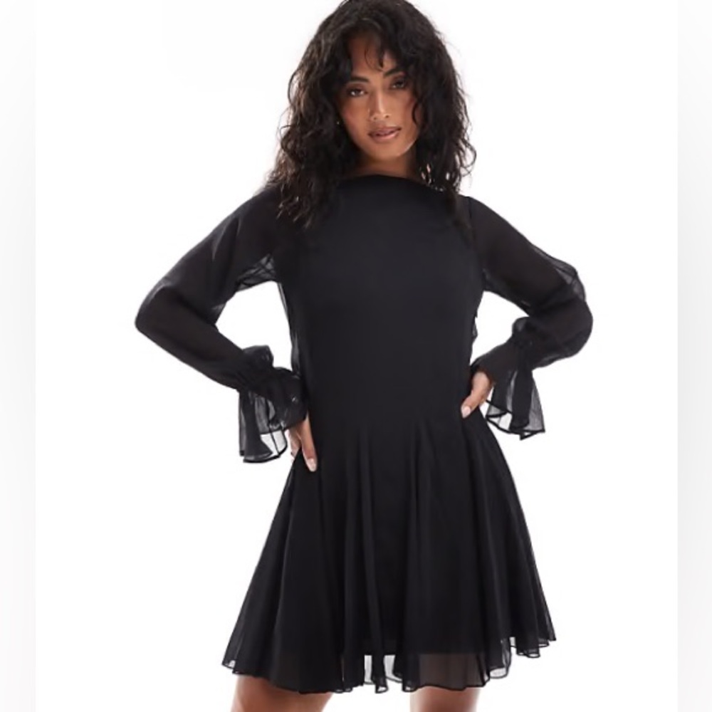 ASOS ruffle sleeve black cowl back mini dress cutout open back size 12